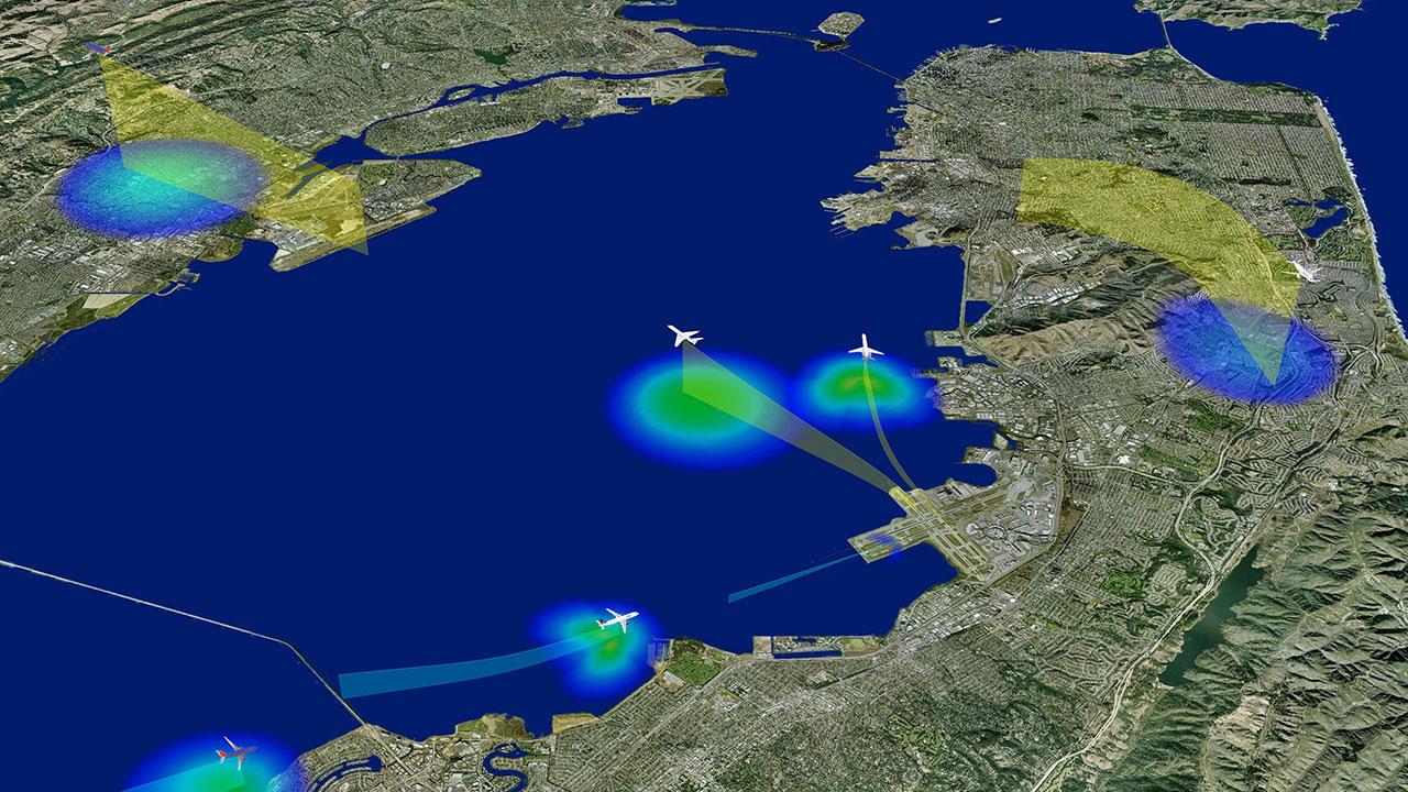 3D display of multiple aircraft flight paths and noise levels generated by Volans environmental analysis and design tool